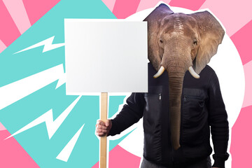 Green protection art collage. Place for text about green protection on banner. Man with elephant face is holding blank banner. Art illustration on theme of green protection. Fight for animal peace.