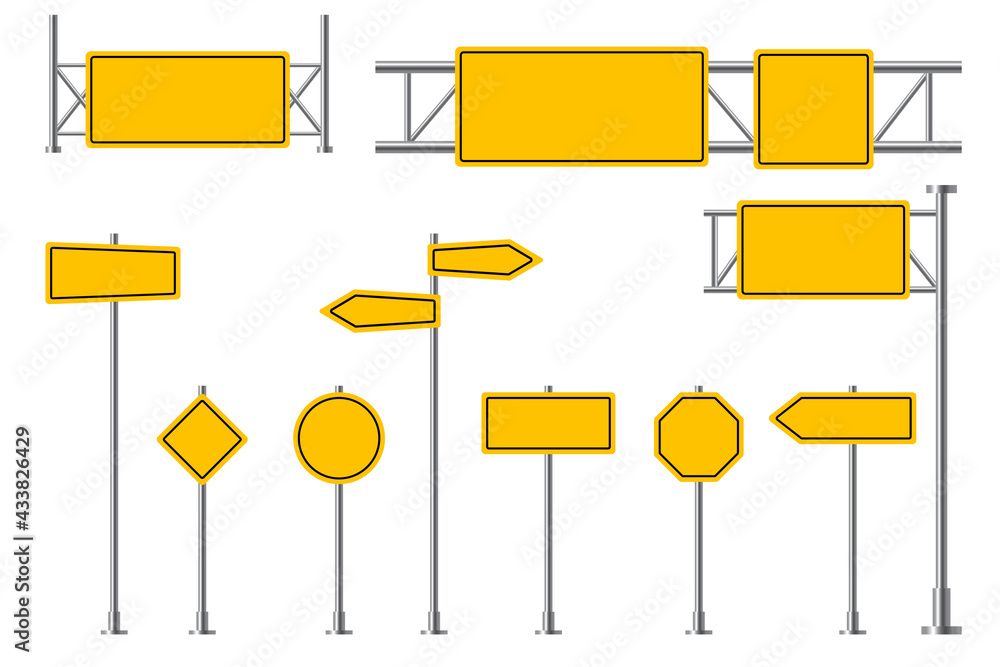 Wall mural yellow road signs. blank street signage, highway traffic attention, safety boads. empty round rectan