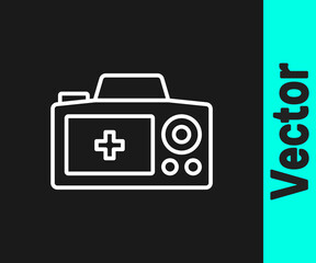White line Photo camera icon isolated on black background. Foto camera. Digital photography. Vector