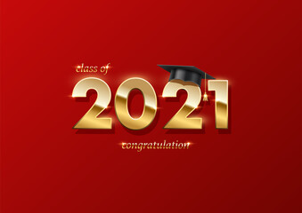 2021 graduation ceremony banner. Award concept with academic hat, golden numbers and text on red background.