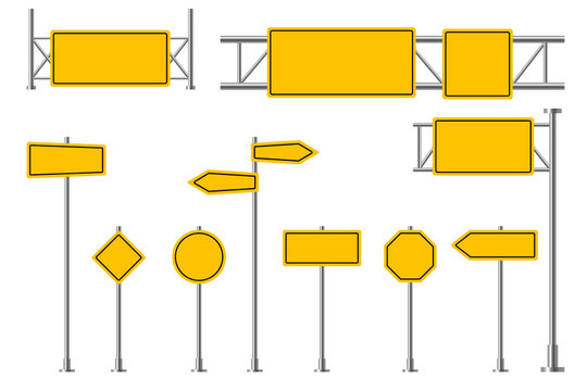 Yellow road signs. Blank street signage, highway traffic attention, safety boads. Empty round rectangular yellow signposts vector isolated set. Location pointer or arrow for transport