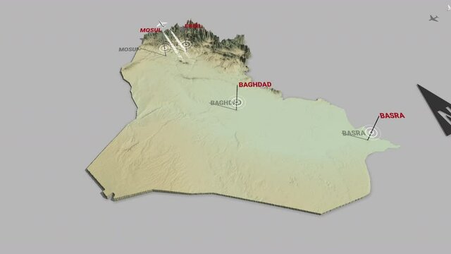Seamless looping animation of the 3d terrain map of Iraq with the capital and the biggest cites in 4K resolution