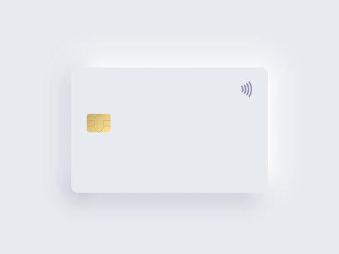 Neumorphism plastic bank credit card template with gold chip and shadow. Vector realistic object isolated on white background. Digital technology mockup. Contactless, wireless online payment concept.