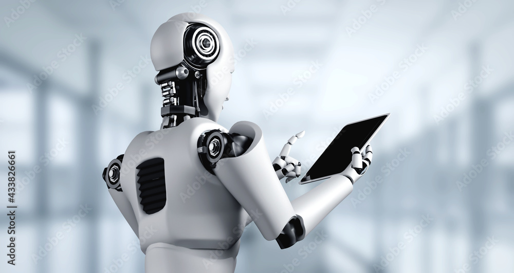 Aufkleber robot humanoid using tablet computer in future office while using ai thinking brain , artificial int