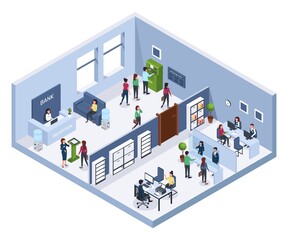 Isometric bank office. Reception, waiting area, atm. Finance consultants with clients. Bank interior with clients and employees 3d vector concept. Assistants helping visitors, managers giving credits