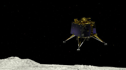 Artist depiction of the the Chandrayaan lunar mission from India. The Vikram lander descending onto the Lunar surface (3d illustration). Some elements provided by NASA. © Raymond