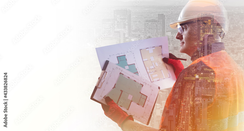 Poster portrait of an architect in construction uniform. architect-builder with a double vision. constructi