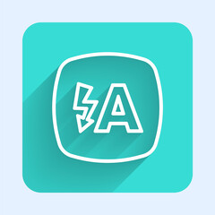 White line Auto flash icon isolated with long shadow. Automatic flash. Green square button. Vector