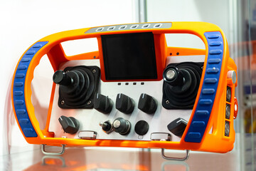 Control panel for construction equipment. Modern radio control equipment. It allows you to control construction equipment via radio waves. Modern construction devices. Devices for builders.