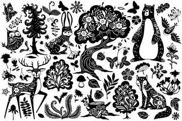 Scandinavian forest elements. Nordic scandi style deer, hare and bear, owl and fox, bird and oak tree, mushroom and leaves, fern vector set. Plants and animals with ornament, flora and fauna