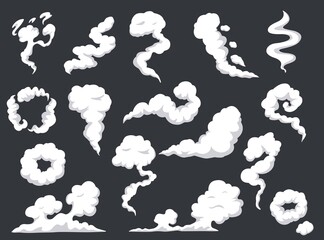 Cartoon smoke. Comic steam cloud, mist, smog. Gas fumes blast, explosion dust. Fog and clouds burst, vapors or fumes explode effect vector set. Fume flow motion, curves and rings collection © Frogella.stock