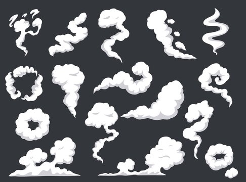 Cartoon smoke. Comic steam cloud, mist, smog. Gas fumes blast, explosion dust. Fog and clouds burst, vapors or fumes explode effect vector set. Fume flow motion, curves and rings collection