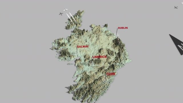 Seamless looping animation of the 3d terrain map of Ireland with the capital and the biggest cites in 4K resolution