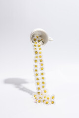 White cup and chamomile flowers on a white background. Chamomiles come out of a glass floating in the air. The concept of a healthy drink.