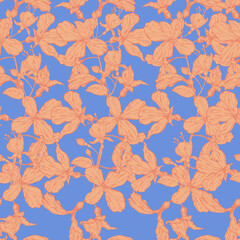 vector illustration seamless pattern ,small orange flowers on a blue background ,for wallpaper or fabric
