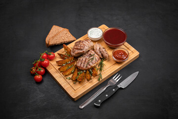 Grilled meat steak with fried potato, greens, garlic, sauces and bread served on wooden cutting board. Black wooden textured background, copy space.