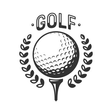 Golf vector logo. Golf ball on tee with wreath. Vector illustration