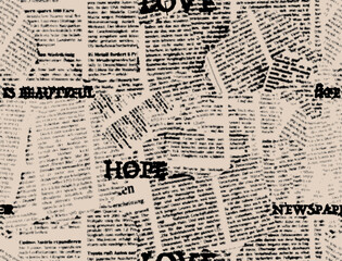 Seamless background pattern. Imitation of halftone newspaper with worlds Hope, love, life is beautiful  Vector image.