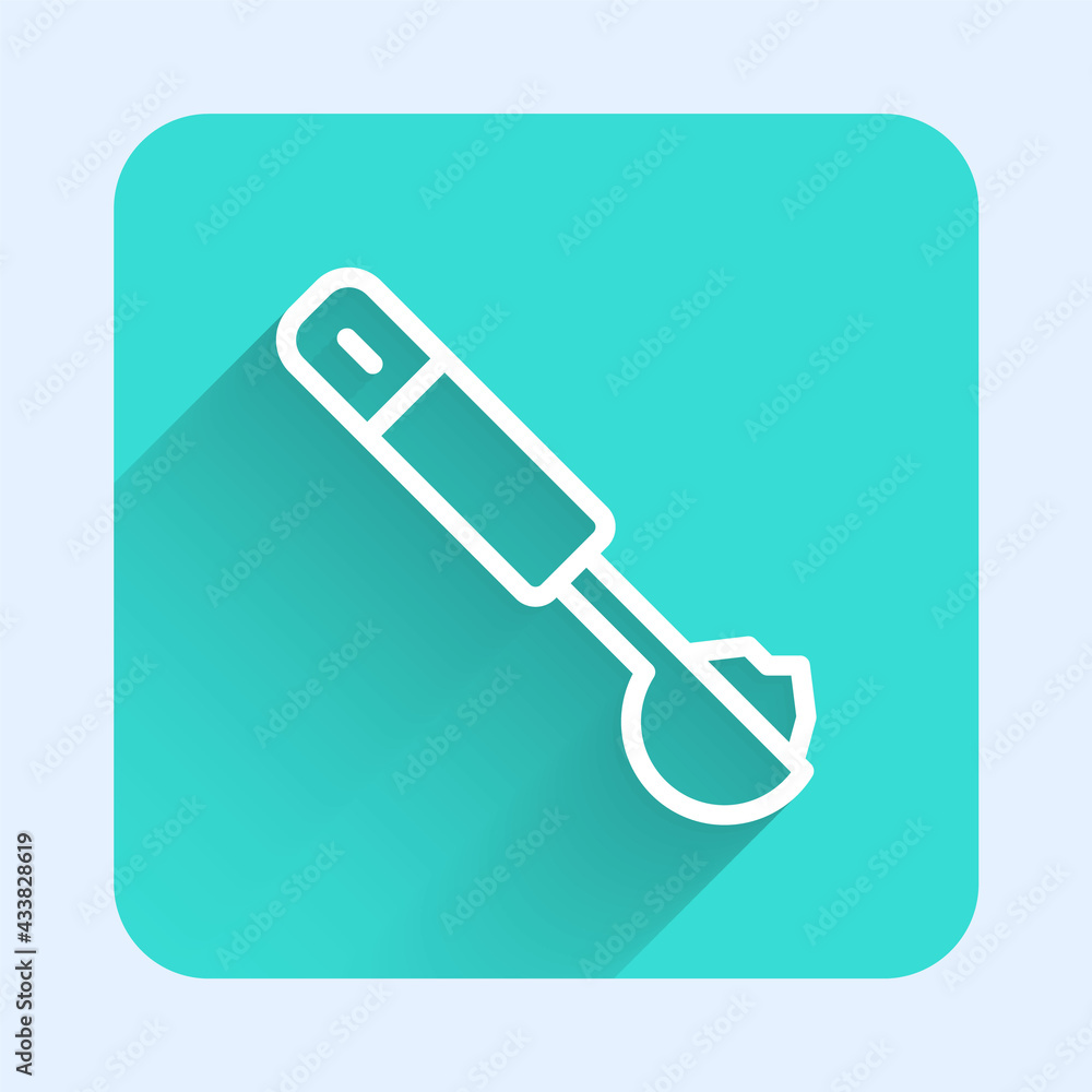 Poster white line measuring spoon icon isolated with long shadow. green square button. vector