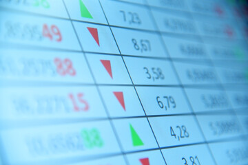 Stock market numbers and index displayed on trading screen.