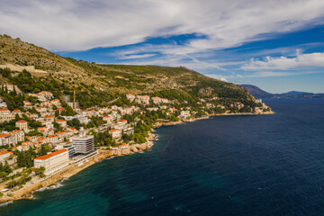 Fototapeta na wymiar Adriatic landscape panorama on Dubrovnik archipelago, Croatia. Aerial drone shot, september 2020