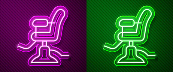 Glowing neon line Barbershop chair icon isolated on purple and green background. Barber armchair sign. Vector