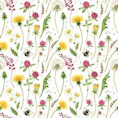 seamless pattern with watercolor illustrations of meadow flowers on a white background. hand painted for design and invitations.	
