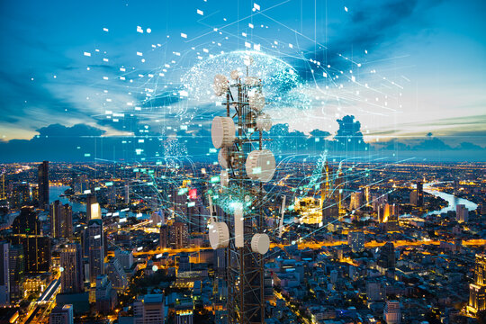 Telecommunication tower with 5G cellular network antenna on night city background, Global connection and internet network concept