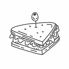 Sandwich in doodle style. Vector black and white hand drawn illustration. Food object isolated on white background. Food icons. Junk food line art.