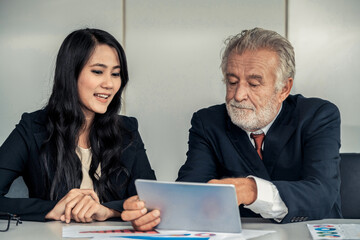 Senior executive manager and young businesswoman working in meeting room in the office. The woman...