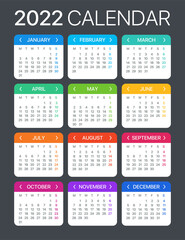 2022 Calendar - vector template graphic illustration - Monday to Sunday