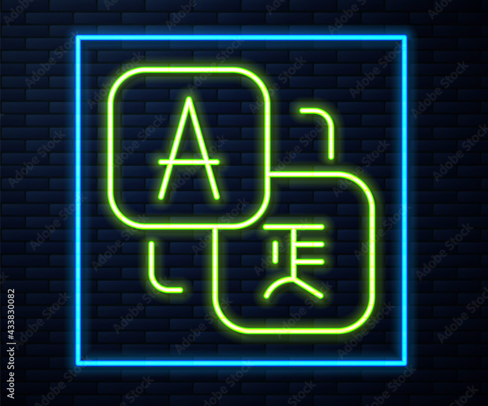 Poster glowing neon line translator icon isolated on brick wall background. foreign language conversation i