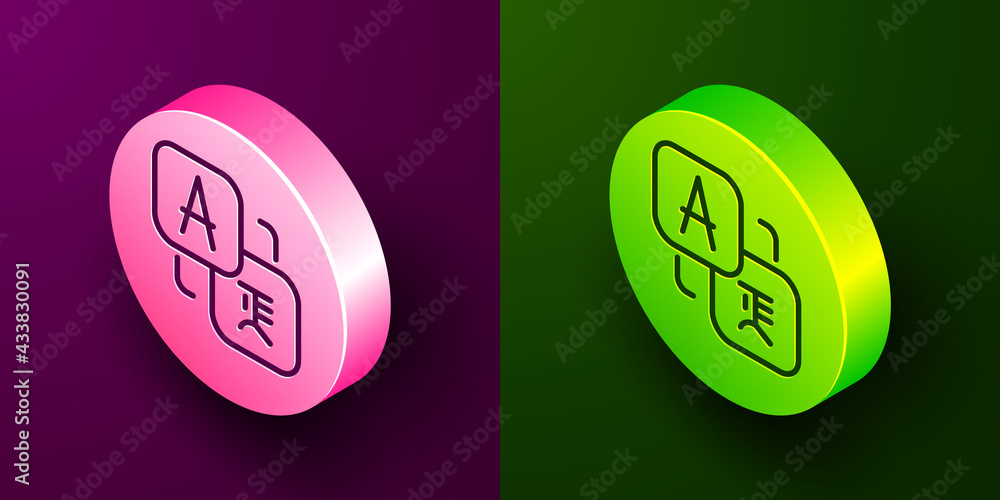 Poster isometric line translator icon isolated on purple and green background. foreign language conversatio