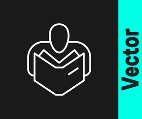 White line Man reading book icon isolated on black background. Vector