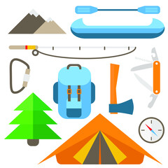 A set of items for tourism and hiking. Includes flat tent, mountain, axe, knife, canoe, paddle, fishing rod, carabiner, spruce