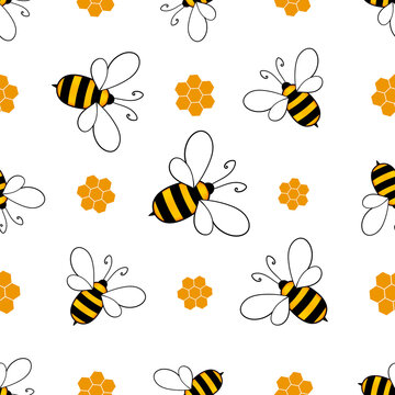 Seamless pattern with bees and honeycombs on white background. Small wasp. Vector illustration. Adorable cartoon character. Template design for invitation, cards, textile, fabric. Doodle style