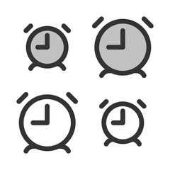 Pixel-perfect linear icon of  alarm clock  built on two base grids of 32 x 32 and 24 x 24 pixels. The initial base line weight is 2 pixels. In two-color and one-color versions. Editable strokes