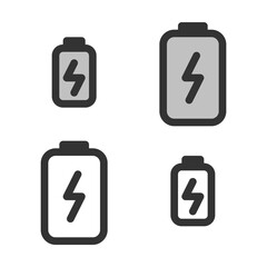 Pixel-perfect linear icon of battery charging process  built on two base grids of 32x32 and24x24 pixels. The initial line weight is 2 pixels. In two-color and one-color versions. Editable strokes