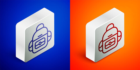 Isometric line School backpack icon isolated on blue and orange background. Silver square button. Vector