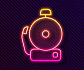 Glowing neon line Ringing alarm bell icon isolated on black background. Alarm symbol, service bell, handbell sign, notification symbol. Vector