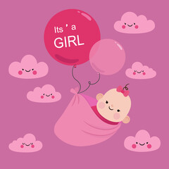 vector illustration cartoon graphic design happy background sweet child pink card greeting kid baby shower its a girl little daughter template birthday banner congratulation invitation newborn