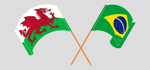 Crossed and waving flags of Wales and Brazil