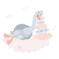 Cute sleeping goose on cloud. Baby goose dreaming on pillows. Flat vector illustration for kids