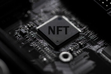 a dark computer cpu with an nft text composition
