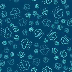 Green line Cloud with rain icon isolated seamless pattern on blue background. Rain cloud precipitation with rain drops. Vector