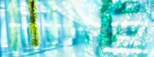 banner, Photobioreactor in medical science laboratory algae fuel biofuel industry, algal research, energy and healthcare treatment biotechnology, coronavirus covid-19 vaccine, eco living sustainable	