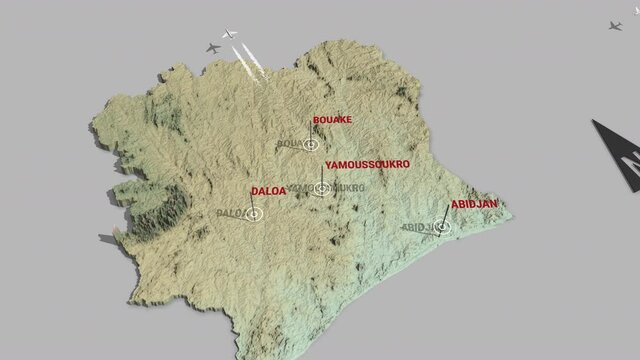 Seamless looping animation of the 3d terrain map of Ivory Coast with the capital and the biggest cites in 4K resolution