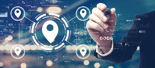 Map pin concept with a man on city background