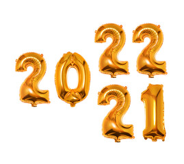 2022 countdown timer isolated on white background.Foil Golden Christmas 2022 balloons in form of numbers. Happy New Year 2022.