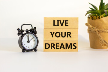 Live your dreams symbol. Wooden blocks with words 'Live your dreams'. Beautiful white background, black alarm clock, house plant. Business, live your dreams concept, copy space.